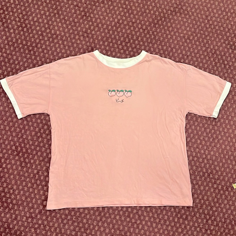 Embroidered Peach Fruit Ringer Tee